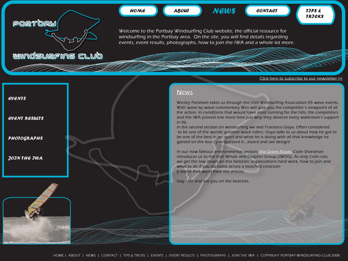 screen shot of a web design proposal for a windsurfing club called Portbay